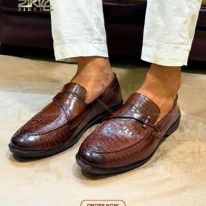 Men's brown loafers with crocodile-embossed texture.