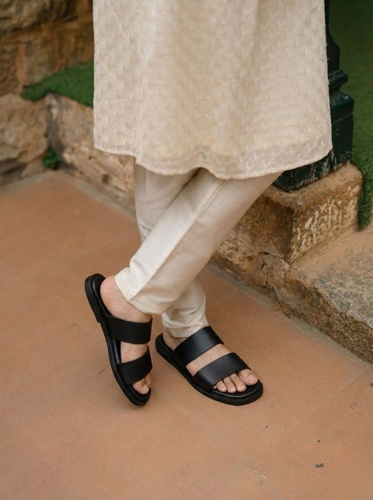 ক্লাসিক ব্ল্যাক ডাবল-স্ট্র্যাপ স্লাইড স্যান্ডেল - Image 6